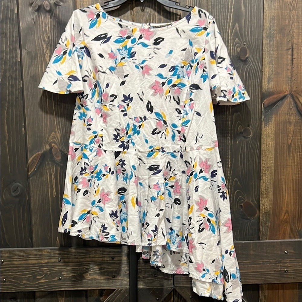 White Floral Asymmetrical Peplum Top 14 Cotton Stretch Cottagecore Light Fairy